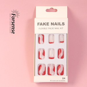 Private Label Press on Nail Kit avec colle et lime à ongles Faux ongles carrés courts Designs rouges Fournitures pour ongles blancs simples - Product Image 4