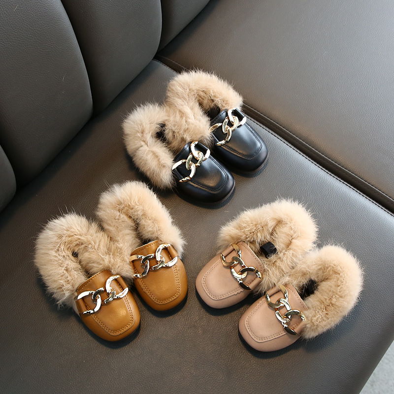 Fashion Winter Warm Toddler Shoes Kids Children's Rabbit plush Fur Princess Square Head Leather Shoe Girl