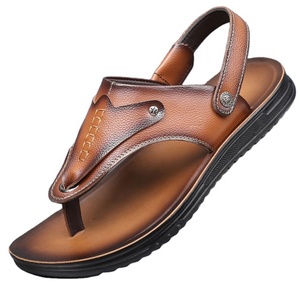 Sandales d'été décontractées pour hommes en cuir véritable à bout ouvert, motif léopard, antidérapantes et confortables, à enfiler - Product Image 1