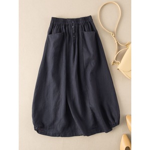 Women's Linen Midi Skirt High Waist A-line With Pockets Coffee Color 2601 - Product Image 4