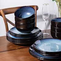 Ensembles de vaisselle de restaurant en grès émaillé bleu réactif Ensemble d'assiettes et de tasses plates allant au micro-ondes
