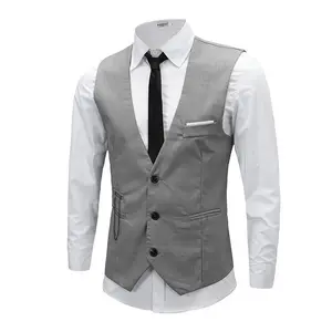 RNSHANGER New Grey Dress Vests Casual Sleeveless Solid Color Waistcoat Slim Fit Formal Business Mens Suit Vest