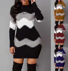 Customized OEM and ODM Women's Sweater Dress Long Sleeve Striped Slim Fit Pullover Custom Knitted Sweater Dress