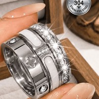 Set Cincin TikTok Populer 3Pcs Bahan Stainless Steel Lapis Emas 18K, Cincin Clover Berkilau Berbagai Ukuran untuk Wanita, Pasokan Langsung Pabrik