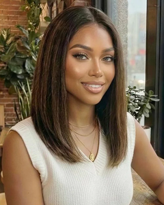 Perruque BOB en cheveux humains 7x5 sans glissement, raie latérale, lisse, sans colle, avec cordon de serrage, noire avec mèches caramel - Product Image 2