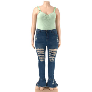 Haute qualité noir 5XL surdimensionné cloche bas déchiré <span class=keywords><strong>jean</strong></span> pantalon taille élastique évasé maigre <span class=keywords><strong>Jean</strong></span> pantalon grande taille femmes <span class=keywords><strong>jean</strong></span> - Product Image 4