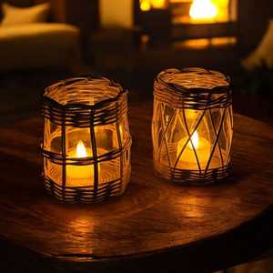 Portavelas de ratán para decoración rústica de casa de campo con diseño tejido intrincado y encanto estético vintage y decoración para el hogar - Product Image 6