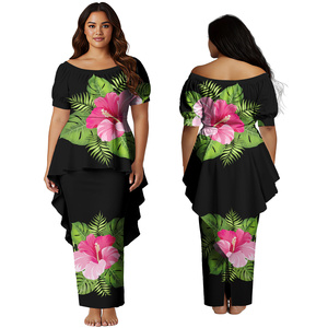 Gaun Gereja Elegan Wanita Motif Daun Monstera Custom Print, Gaun Panjang Model Swallow-Tail Hem untuk Wanita Samoa Polinesia, Set Aloha Puletasi - Product Image 2