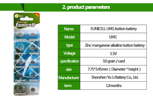 Eunicelll Miễn Phí Thủy Ngân LR41 392A V3GA <span class=keywords><strong>LR736</strong></span> Nút Di Động 1.50V Alkaline AG3 LR41 Pin - Product Image 4