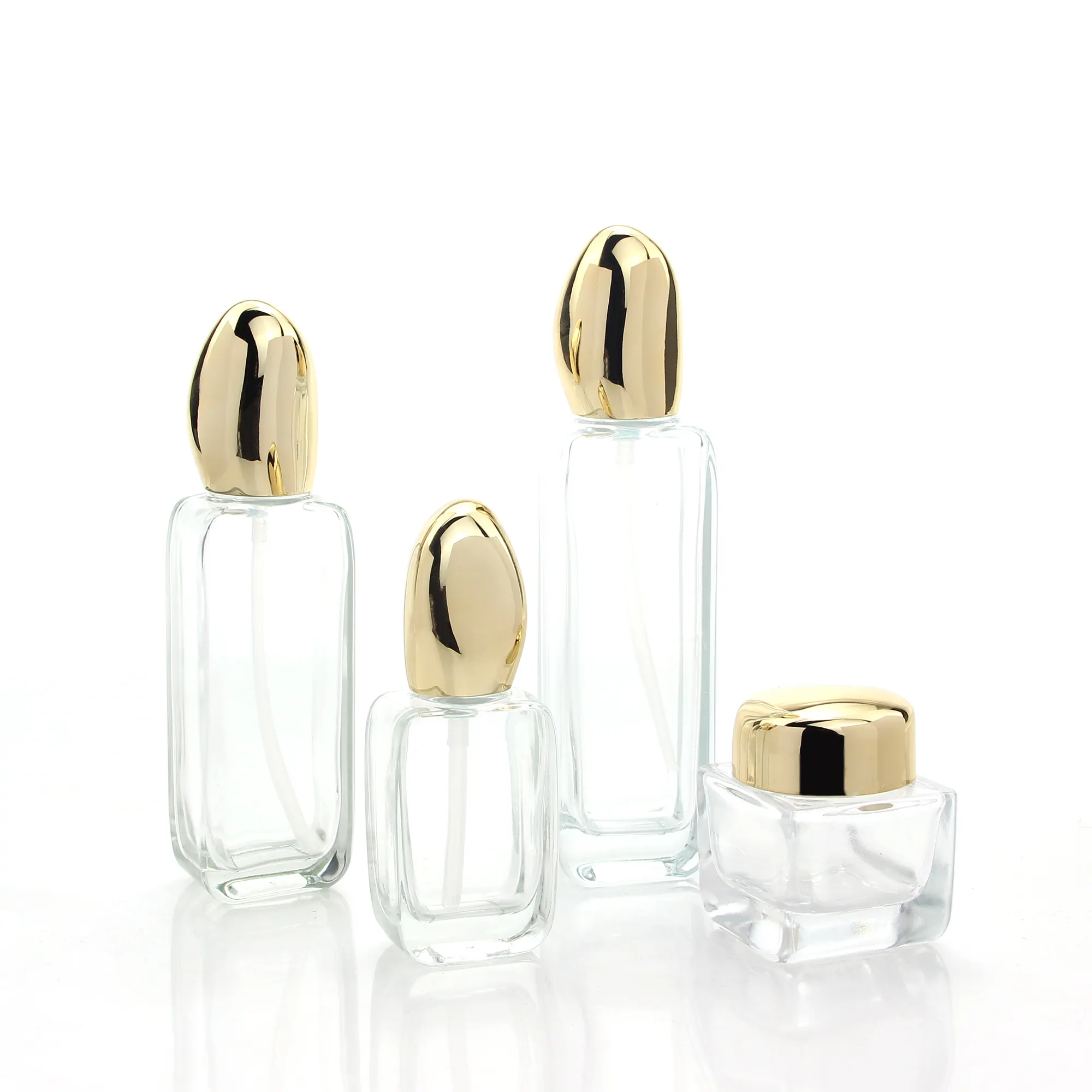 Nouveau design unique, emballage carré pour cosmétiques, bouteilles à pompe pour lotion, conteneurs et bocaux en verre avec couvercle doré