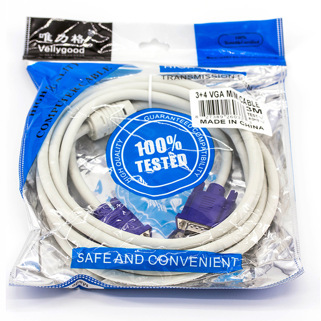 White 3+4 VGA to VGA Cable CCS Conductor with Ferrite Silver Plated Connector Male to Male Video Cable with PE Bag for Monitor