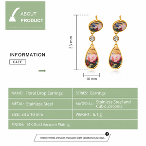 Pendientes Colgantes Florales Dorados de Acero Inoxidable con Baño de Oro de 14K y Circonita Cúbica Pintada - Product Image 4