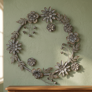 Vintage Metal Floral <b>Wreath</b> Handmade Decorative Round Wall Hanging Unlit Crafted Art Piece - Product Image 5