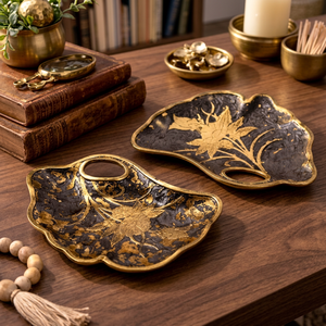 Assiettes décoratives en métal orientales faites à la main avec incrustations dorées, motif floral, forme irrégulière, pour cadeaux - Product Image 4