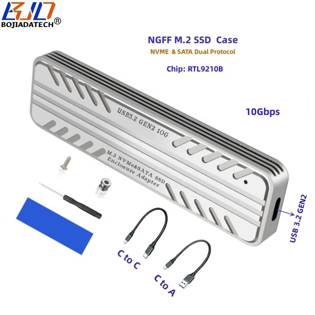 10Gbps USB 3.2 Type-C to M.2 NGFF Key-M Key-B Key B+M 2280 NVME SATA SSD Enclosure Case RTL9210B With Data Cable