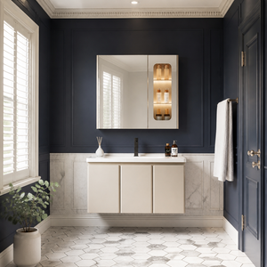 Meuble de salle de bain mural <span class=keywords><strong>en</strong></span> acier inoxydable antirouille beige à trois portes <span class=keywords><strong>avec</strong></span> miroir intelligent et écran LED chaud, style contemporain - Product Image 1