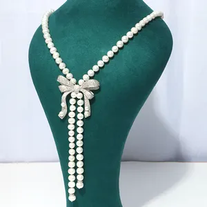 Fashion Girls Silver Brass Cz Bowknot Necklace Pearl