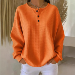 Haut en tricot gaufré personnalisé pour femme, couleur unie, col rond, coupe ample, collection automne-hiver, mode boutique, logo thermocollé - Product Image 6
