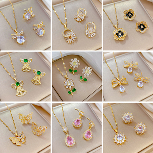 100 Styles de luxe 18k plaqué or chaîne en acier inoxydable Zircon cristal pendentif collier boucles d'oreilles ensemble de bijoux pour les femmes cadeau - Product Image 2
