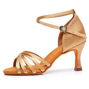 Sapatos de dança latina profissional adulto feminino marrom cetim com alça cruzada de 5.5cm 7.5cm sapatos de salto alto