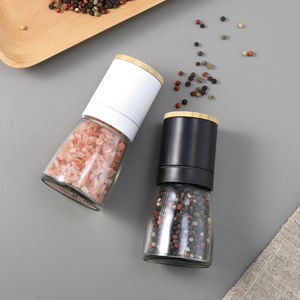 Penggiling garam lada sisi lurus, peralatan dapur penggiling bumbu botol kaca penggiling garam dan Lada dengan tutup bambu - Product Image 6