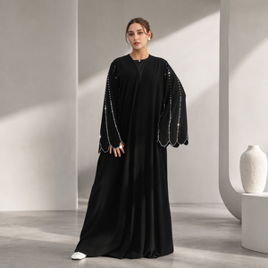 Produttore di Abaya Loriya Dubai, Abaya Nera di Lusso con Perline e Strass Applicati a Mano, Abaya Aperta sul Davanti, Vestito da Festa, Abbigliamento Islamico - Product Image 1