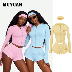 Conjunto de Ropa Deportiva para <span class=keywords><strong>Mujer</strong></span> 2026, Sudadera con Cierre y Capucha de Color Sólido de Alta Calidad, con Logotipo Personalizable y Diadema, Transpirable, OEM, ODM - Product Image 1