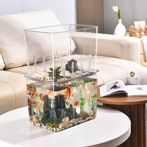 Transparent Plastic Fish Tank 38x27x29cm Rectangle Desktop Aquarium For Goldfish And Betta With Decorative Rocks And Plants - Product Image 4