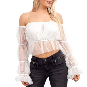 Logo personalizzato Oem di alta qualità da donna alla moda moda estivo <span class=keywords><strong>camicetta</strong></span> femminile all'ingrosso in <span class=keywords><strong>Tulle</strong></span> bianco manica lunga maglia Crop Top - Product Image 1