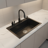 Évier de cuisine moderne carré à cuve unique, fait main, en nano, avec porte-couteaux, épaisseur 3 mm, trois trous, noir poli, vente chaude 2026
