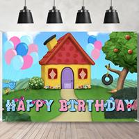 Toile de fond photo en coton bleu 5x3ft, motif dessin animé Joyeux Anniversaire pour enfants, garçons et filles, accessoires de photomaton pour fête d'anniversaire