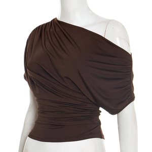 Viviblook J26TP019 – Nouveau T-shirt plissé uni à épaules dénudées et taille cintrée pour femme, idéal pour l'été - Product Image 5