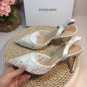 Sandales à talons blancs pour femmes, talons luxueux en strass, sandales à lanières, chaussures pour femmes - Product Image 6