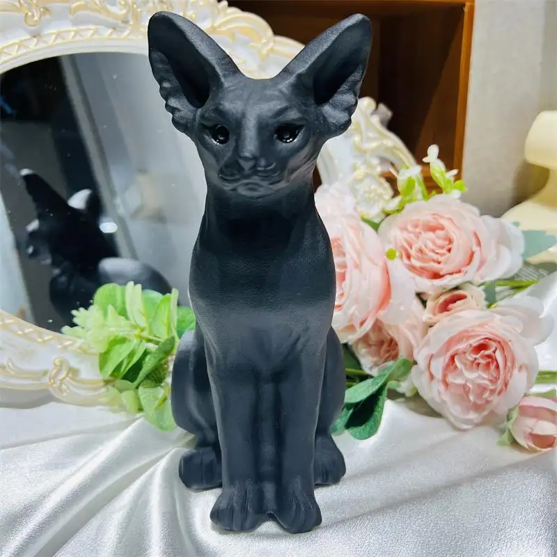 คริสตัลออบซิเดียนธรรมชาติขัดเงารูปสัตว์แกะสลักจากเรกิคริสตัลสีดำรูปแมวอียิปต์สำหรับตกแต่งบ้าน