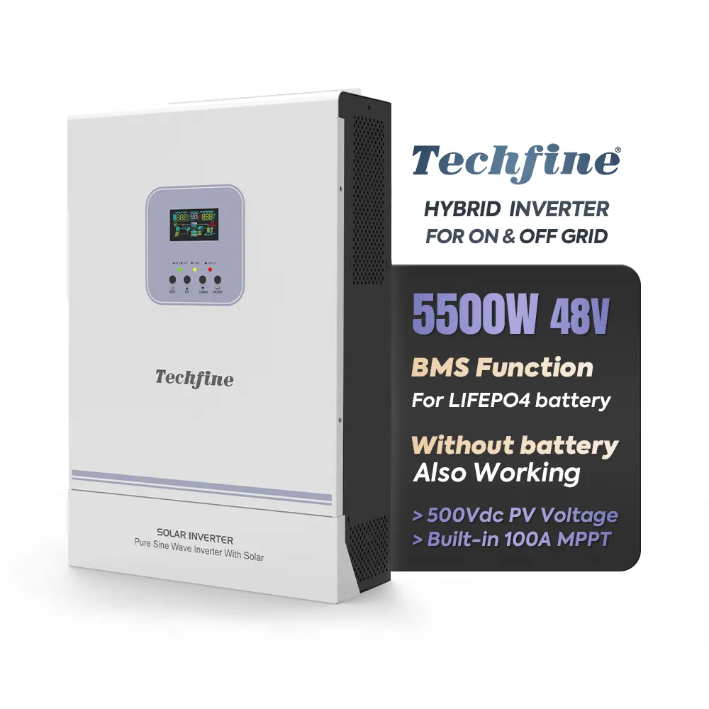 Techfine High Frequency 5.5kw 5500w Single Phase On Off Grid Hybrid Solar Inverter with WIFI