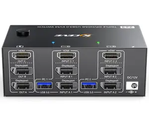 Kceve KVM Switch 3 Monitors 2 Computers 8K 60Hz 4K 144Hz HDMI+2 Displayport KVM Switch Triple Monitor For 2 Computer Share