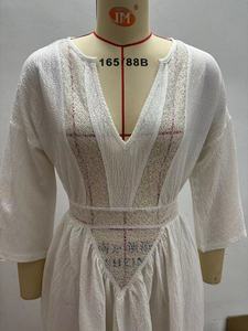 Vestido Maxi de verano elegante de alta calidad para mujer, túnica bordada con manga larga, cubierta de algodón de encaje, Vestido camisero con botones, vestido informal Sexy - Product Image 6