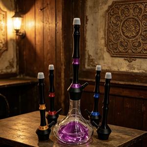 Chicha en verre transparent moderne, design noir et violet, avec plusieurs embouts, pour usage en lounge - Product Image 4