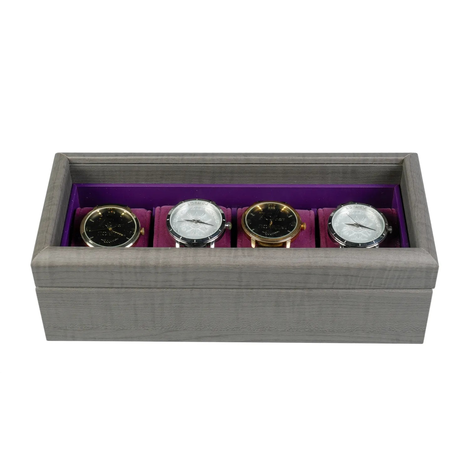 Caixa de embalagem de presente de madeira reutilizável por atacado de fábrica para relógio feminino de luxo personalizado com 4 ranhuras