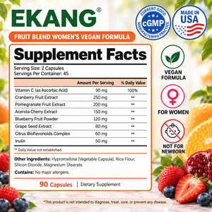 Suplemento Vegano Hecho en EE. UU., 90 Cápsulas, Mezcla de Frutas para el Bienestar Femenino con Arándano, Granada y Acerola - Product Image 2