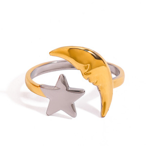 Star And Moon <b>Open</b> <b>Ring</b> Two Tone Stainless Steel Minimalist Design Unisex Jewelry Gift - Product Image 1