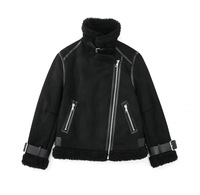 Dernier design Veste extérieure en cuir doublée de fourrure de style russe noir Veste en daim pour femme Vente en gros