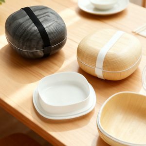 Japanese Style Bento <b>Box</b> Double Layer <b>Round</b> Wood Grain PP Material With Straps For Office Use - Product Image 1