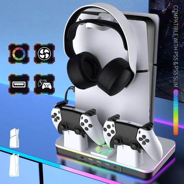 Multi-functional Controller Charging Stand RGB Light Low Noise Cooling Stand with Headphone Holder for PS5/PS5 Slim