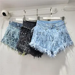 2024 summer new heavy industry diamond-studded ostrich design thin tassel fashion versatile denim shorts women