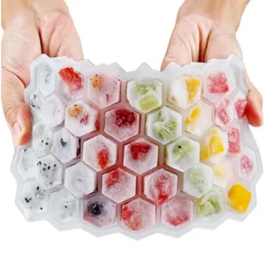 Molde de cubo de gelo em formato de colmeia, 37 buracos, bandeja de gelo, molde de silicone com tampas, bandeja de gelo, moldes hexagonais de cubo de gelo