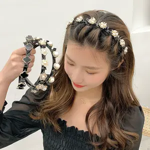 2023 TS New Design Double Layer Pearl Rhinestones Headband Flower Lazy Makeup Headband With Clip Women Bling Hair Accessories