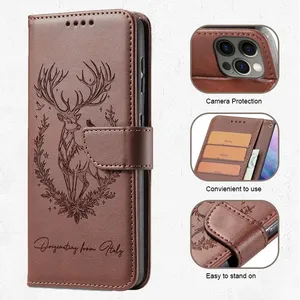 Étui portefeuille en cuir 3D motif cerf porte-bonheur pour <span class=keywords><strong>iPhone</strong></span> 17 Air 16E 16 <span class=keywords><strong>Pro</strong></span> <span class=keywords><strong>Max</strong></span> 15 Plus 14 <span class=keywords><strong>13</strong></span> 12 11 X XS avec boucle et porte-cartes - Product Image 4