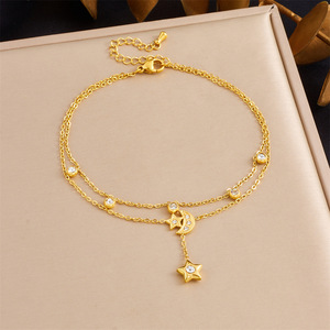 <b>Moon</b> Star Drop Double Layer Anklet Stainless Steel Gold Tone Paved <b>Crystal</b> Crescent Charm Round Rhinestone Bead Women Jewelry - Product Image 2