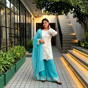 Women's Premium Faux Georgette Embroidered <b>Sequin</b> Pearl <b>Top</b> Palazzo Suit Set | Designer Party Wear | Polyester/Cotton - Product Image 1